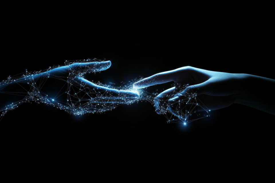 menschliche Hand berührt virtuelle Hand